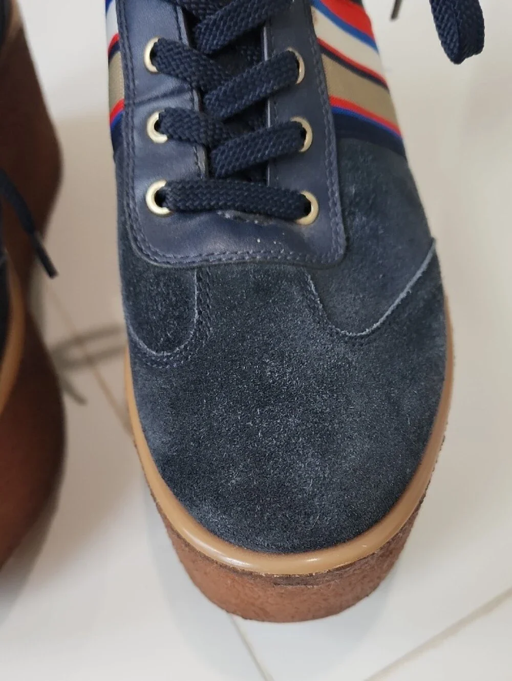 Tory Burch Navy Suede Platform Lace-Up Boots with Tricolor Ribbon Accent